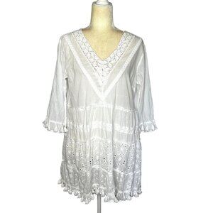 Me 2 Magic Mini Dress XL Cotton White Eyelet Lace Tassel Boho Prairie Beachy